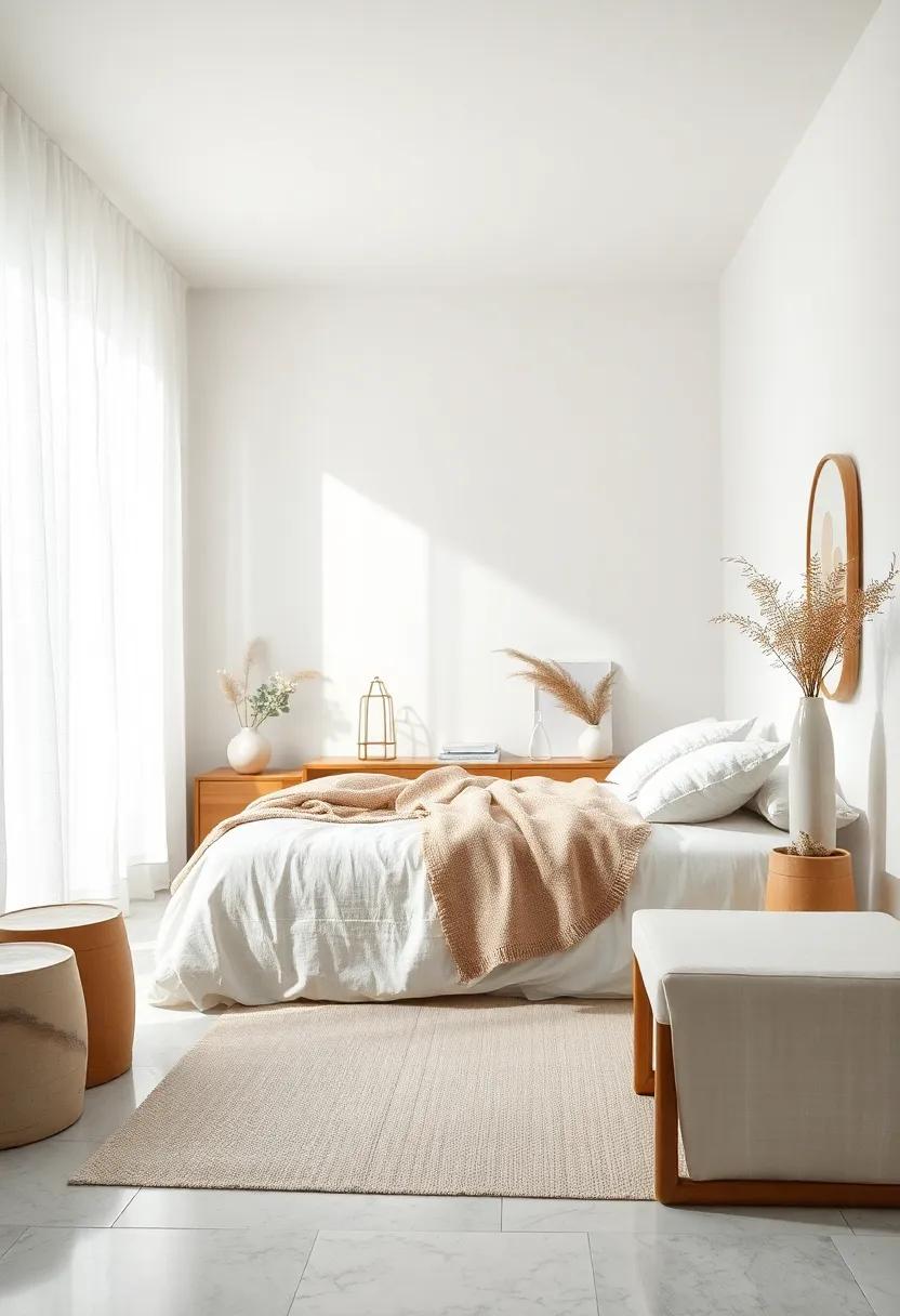 Serene All-White Bedroom Showcasing Layered Textures and Soft Natural Light for an Inviting Minimalist Ambiance