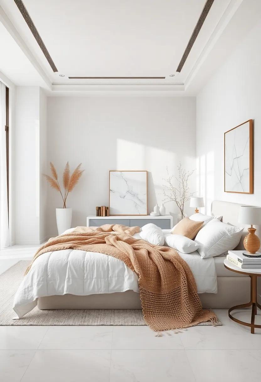 Understated Serenity in a White Bedroom Featuring Cool Marble Accents and Cozy Textile Layers for Perfect Balance