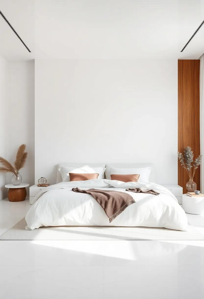 Elegant All-White Bedroom Featuring Matte and Glossy Surfaces Balanced by Warm Wood Accents and Airy Space