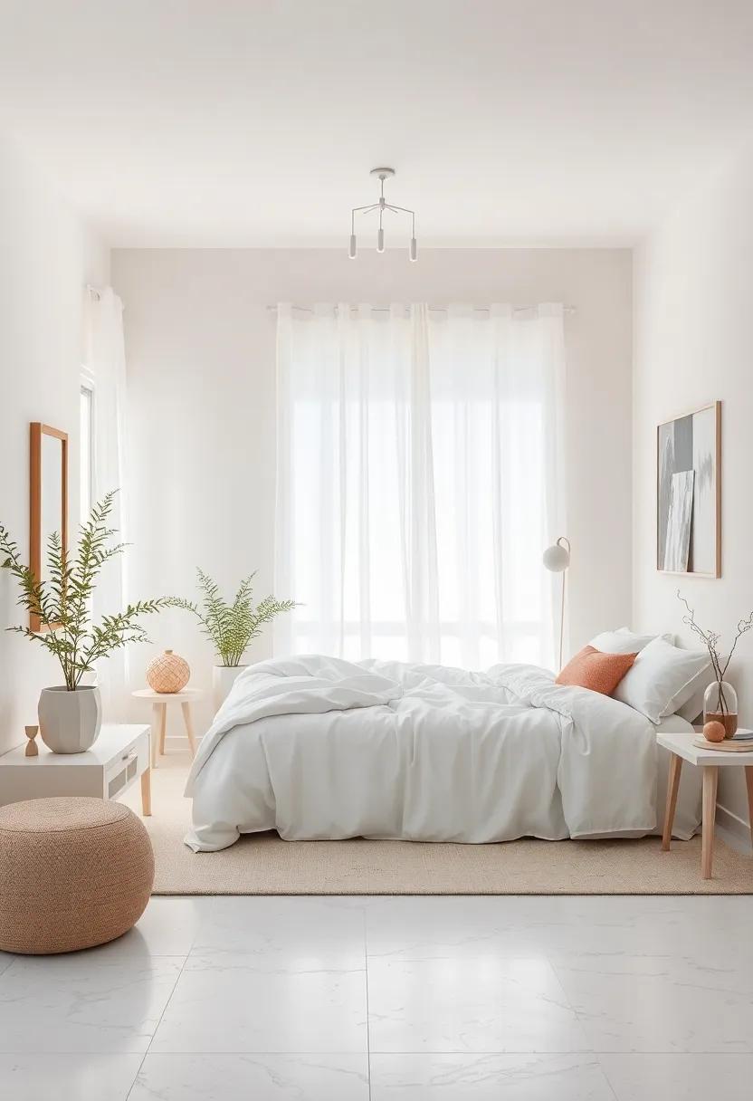 Whisper-White Bedroom Space Featuring Feather-Soft Bedding and Tactile Decorative Elements Evoking Quiet Luxury