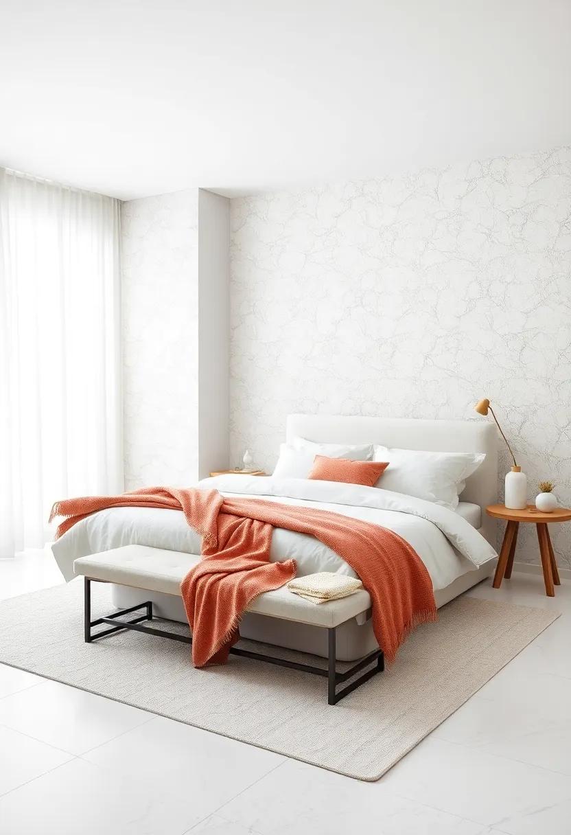 Subtle Contrast in an All-White Bedroom With Textured Wallpaper and Soft Upholstery Embracing Serene Minimalism