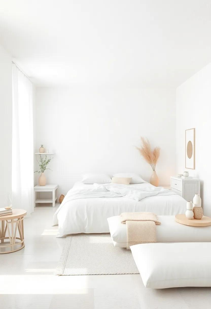 A Dreamy Minimalist All-White Bedroom Highlighting Contrast Between Smooth Linen and Woven Textiles in Soft Lighting