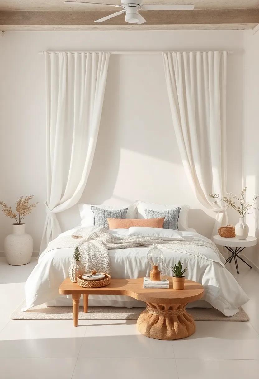 Quiet Elegance in an All-White Bedroom With Linen Drapes, Textured Throw Pillows, and Structured Minimalist Decor