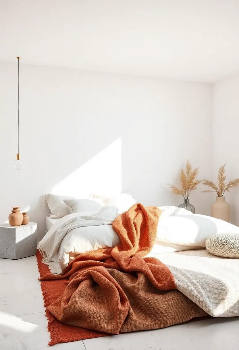 Gentle Daylight Filtering Into a Textured All-White Bedroom Space With Layered Fabrics and Clean Geometric Shapes