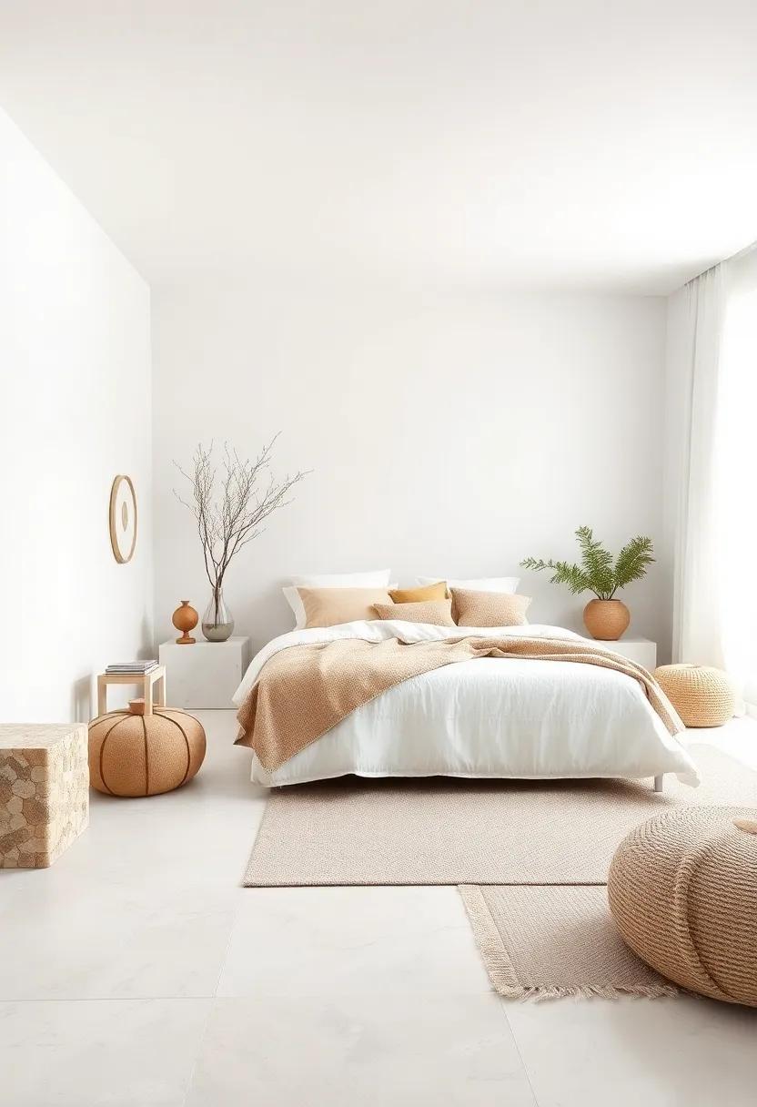 Serene Retreat With All-White Walls, Layered Rugs, and Organic Textures Blending Minimalist Design and Comfort