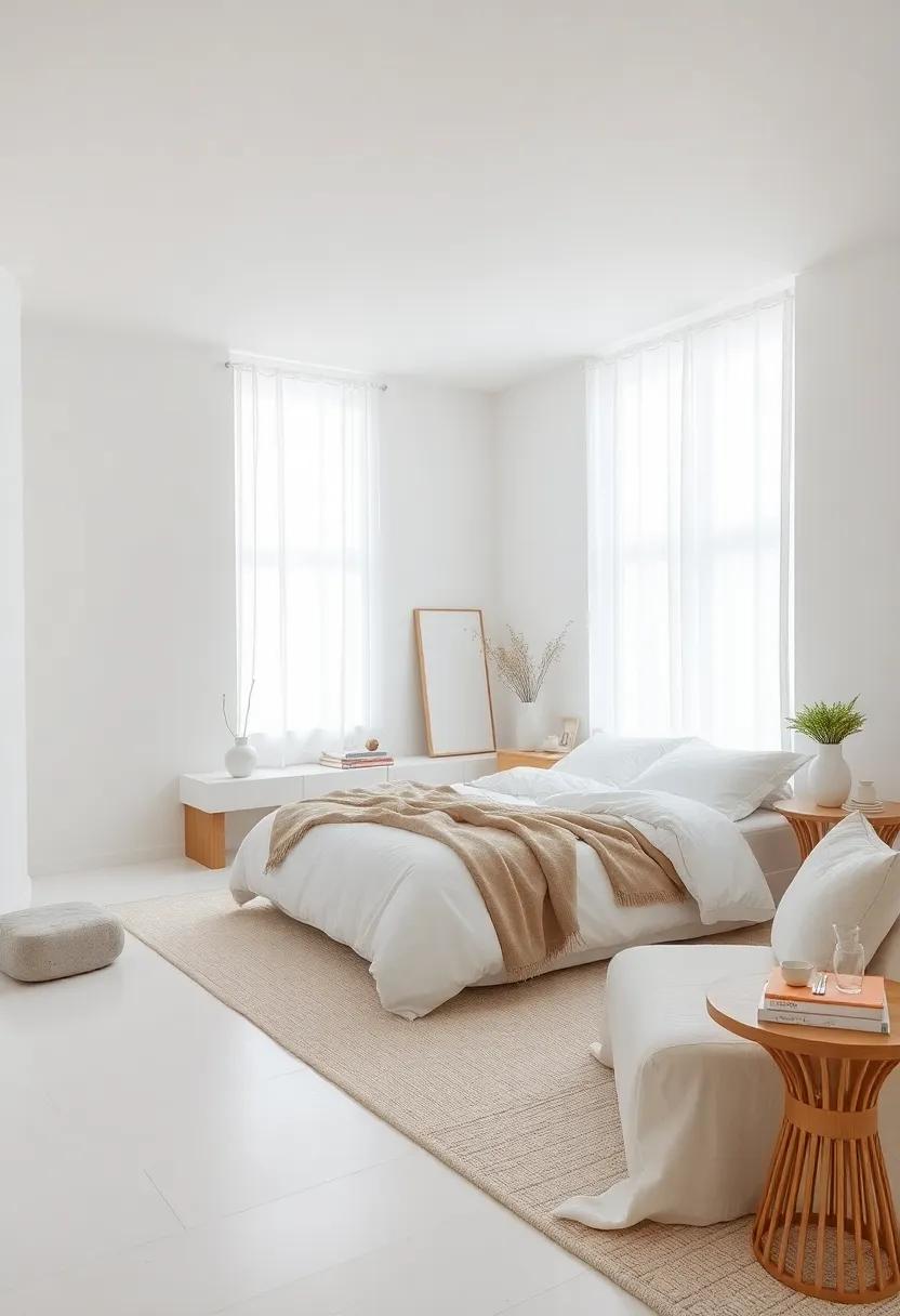 Modern All-White Bedroom With Structured Geometry and Delicate Texture Juxtaposed for Visual Depth and Calmness