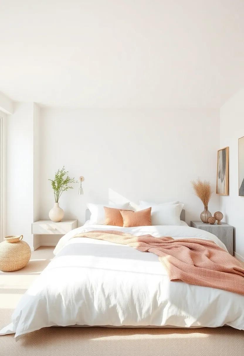 All-White Bedroom Oasis Combining Crisp Bedding, Light Wood Finishes, and Subtle Texture Focused on Clean Simplicity