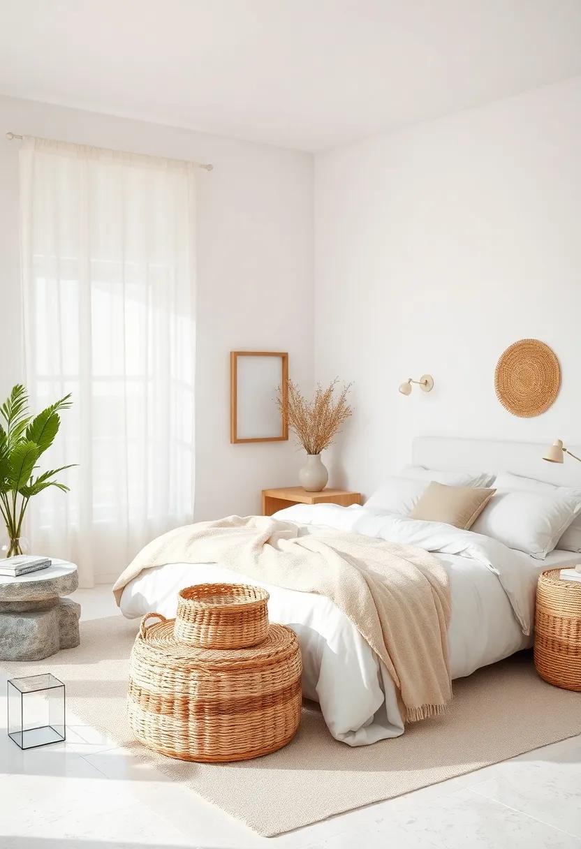 Natural and Serene All-White Bedroom With Handwoven Baskets and Soft Layered Fabrics Enhancing Textural Harmony