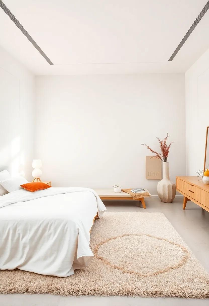 Cool and Calm All-White Bedroom With Subtle Woodgrain Details and Plush Layered Rugs Evoking Soft Minimalism