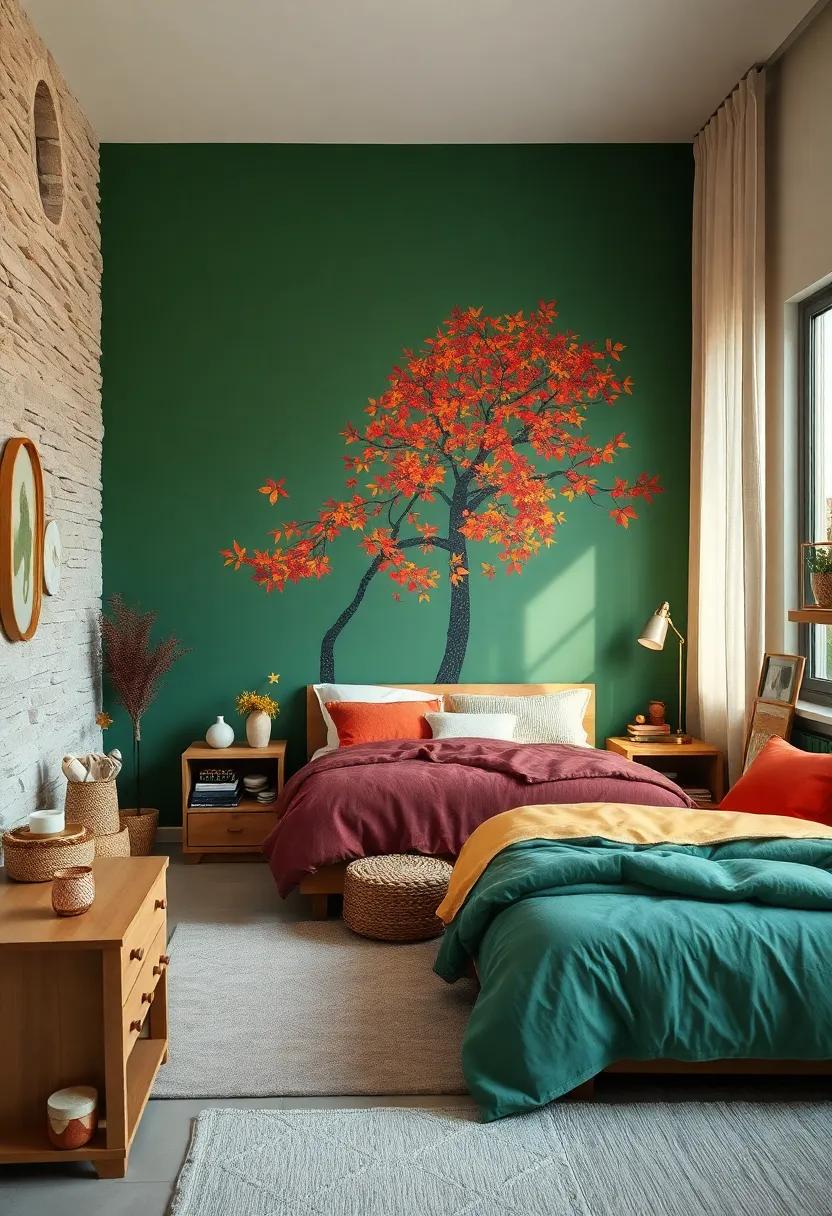 Deep Forest Green Wall Paint Complemented By Wooden Furniture To Evoke A Calm, Enchanted Autumn Woodland Scene