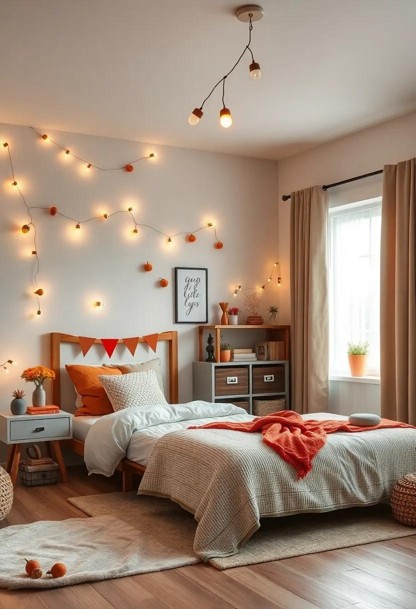 Decorative String Lights With Miniature Acorn Shapes Casting A Magical Autumn Glow Across Playful Bedrooms