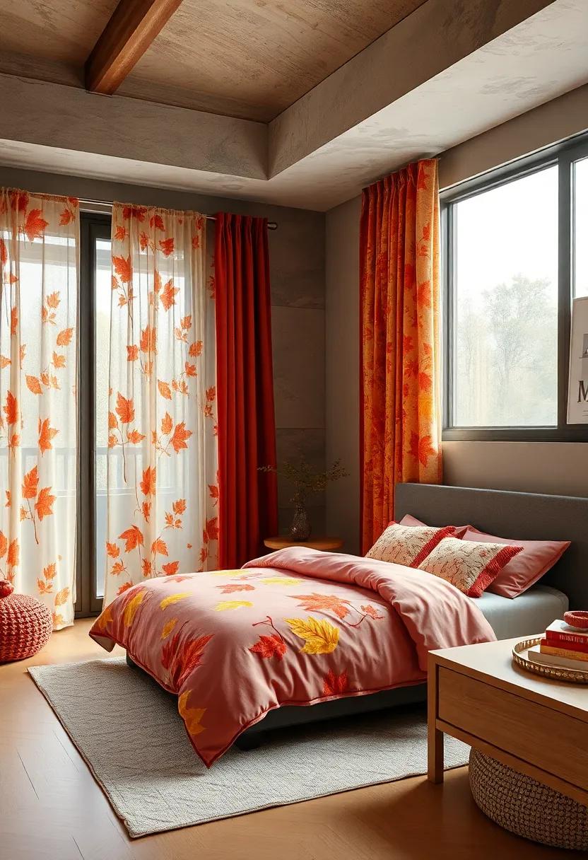Layered Autumn Leaves Patterns On Curtains And Bedding Creating A Dreamy, Nature-Inspired Atmosphere For Kids