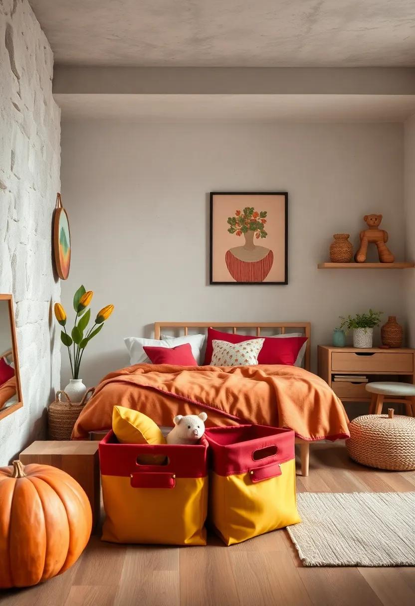 Coordinated Storage Bins In Mustard Yellow And Rust Red Keeping Toys Organized With Seasonal Flair