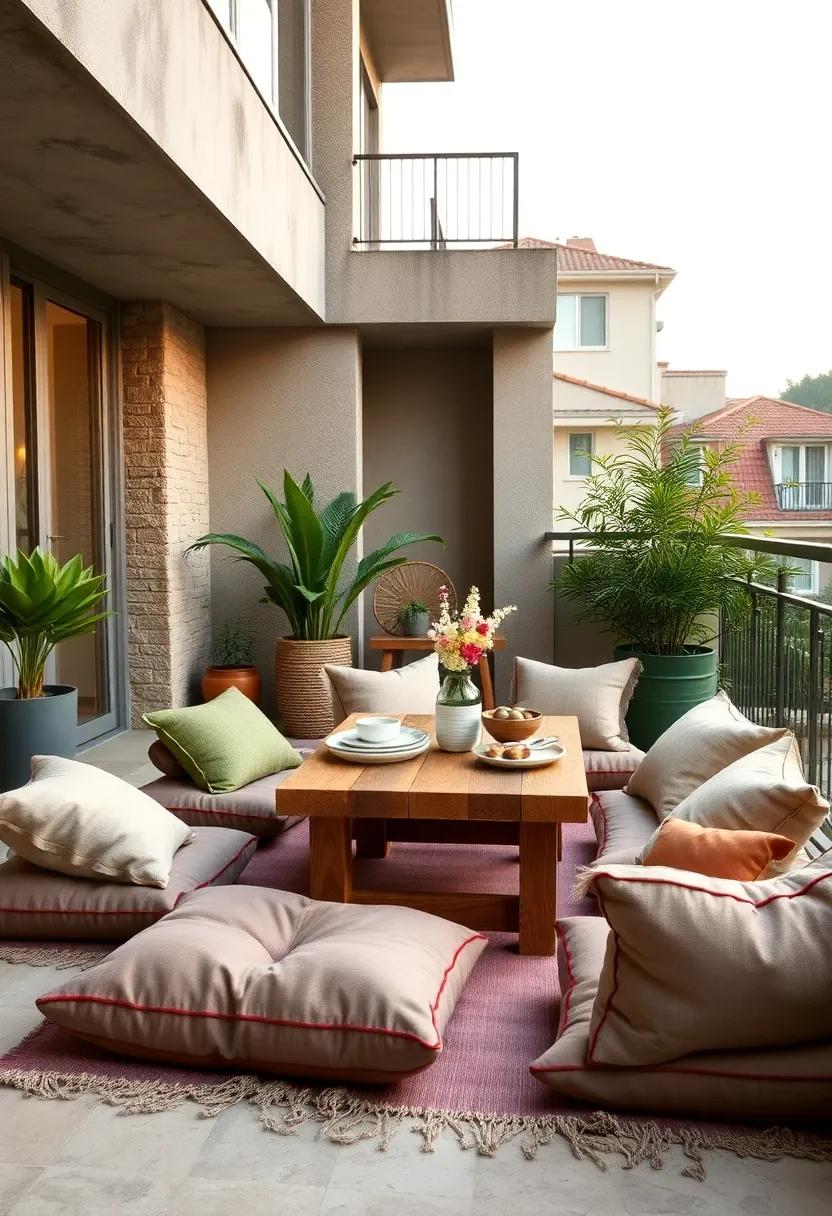Balcony Dining Setup Featuring A Low Wooden Table Surrounded By Floor Cushions For Laid-Back Meals