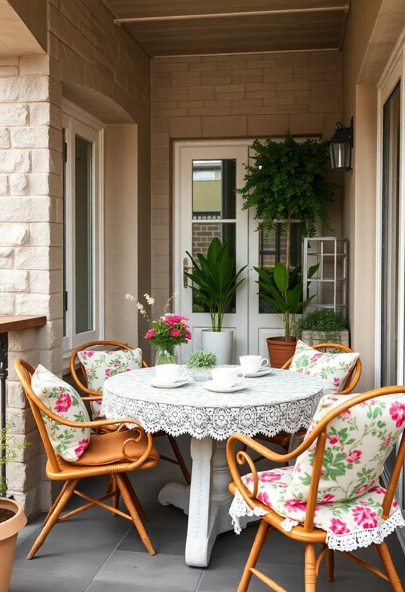 Charming Cottage Style Balcony With Vintage Teacups, Lace Tablecloth, And Floral Chair Cushions