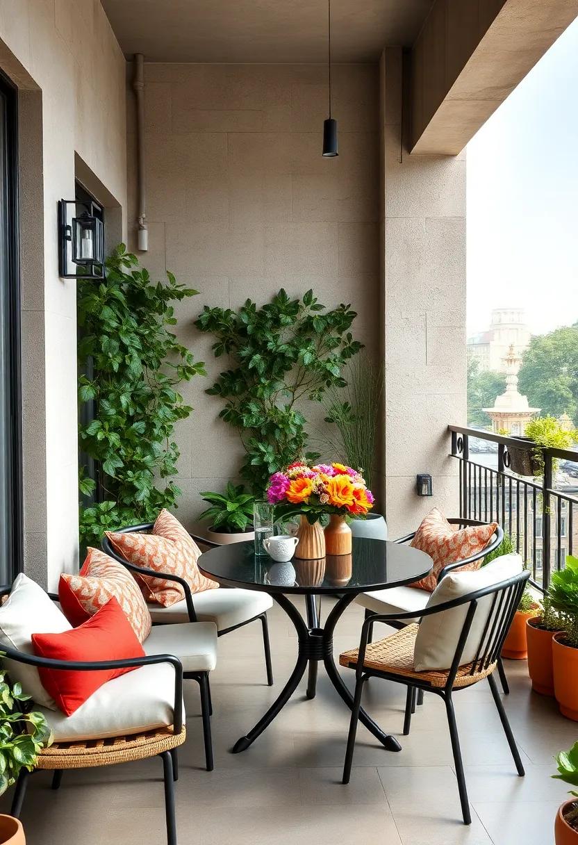 Garden-Inspired Balcony With Climbing Ivy And Floral Centerpieces Surrounding A Compact Dining Table