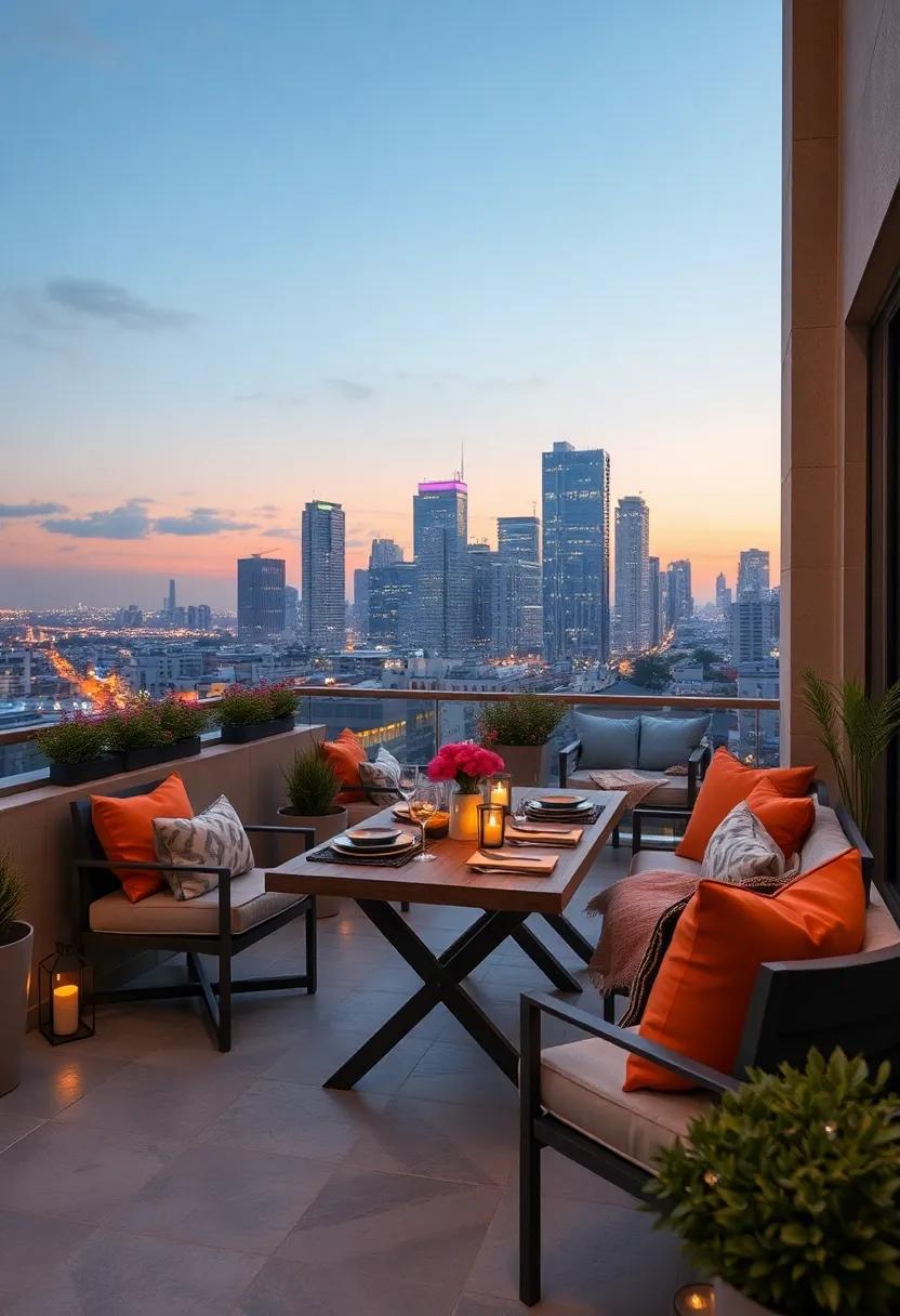 Sunset Dining Scene With Warm Cushions And Low Lanterns Overlooking City Lights And Skyscrapers