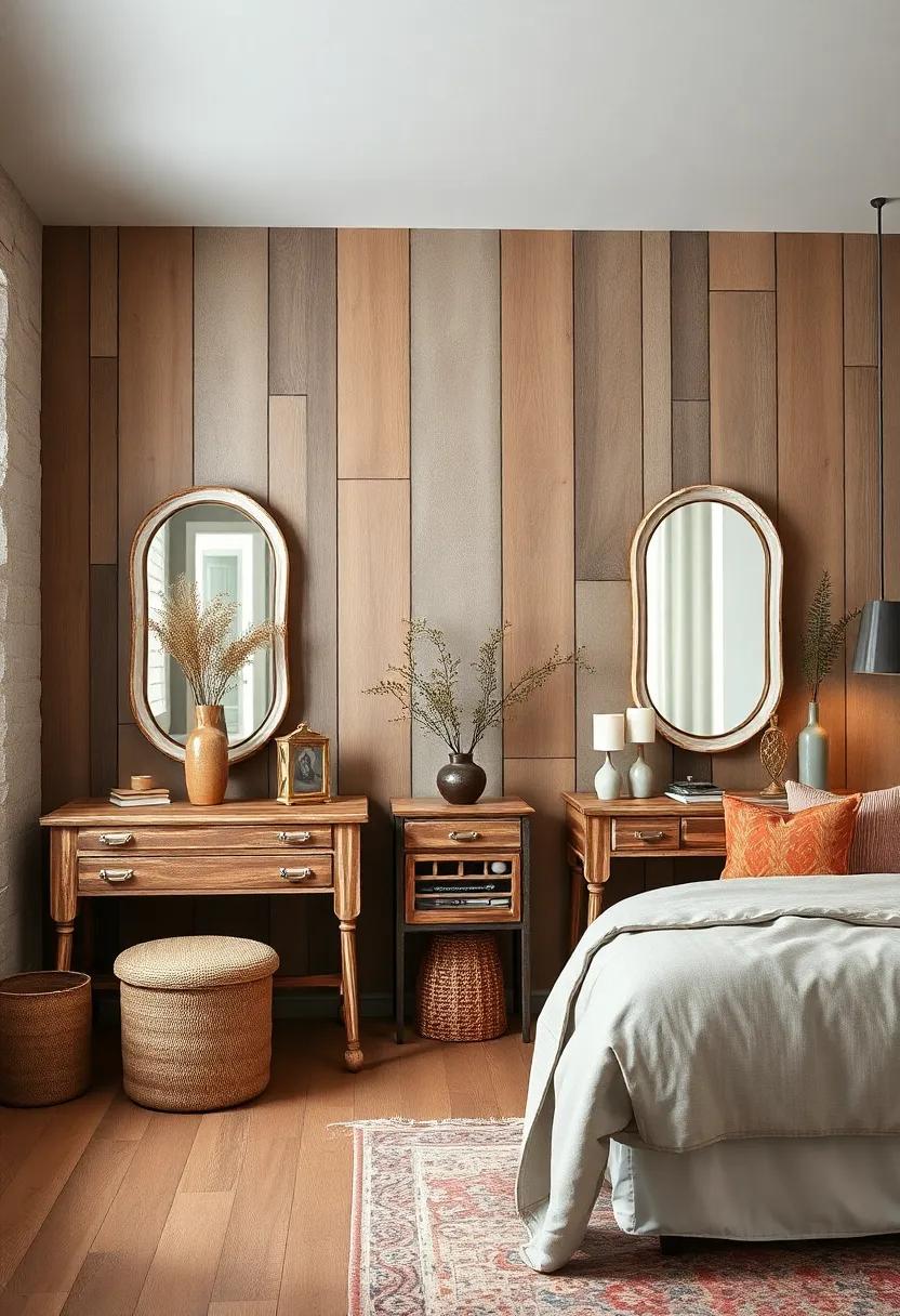 Barnwood Vanity Tables with Distressed Paint and Vintage Mirrors Creating a Nostalgic Sanctuary