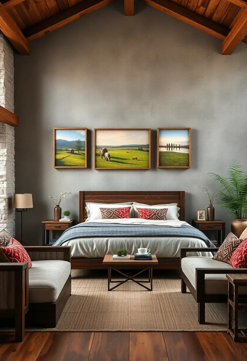 Gallery Walls with Rustic Frames Displaying Pastoral Scenes Above Handcrafted Bedroom Sets
