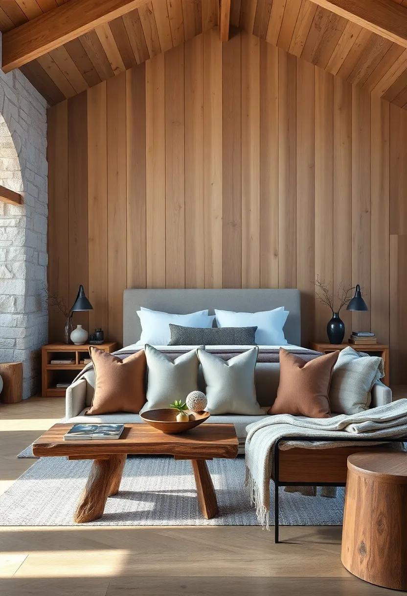 Neutral Toned Throw Pillows Contrasted on Rough Wooden Seating to Balance Comfort and Style