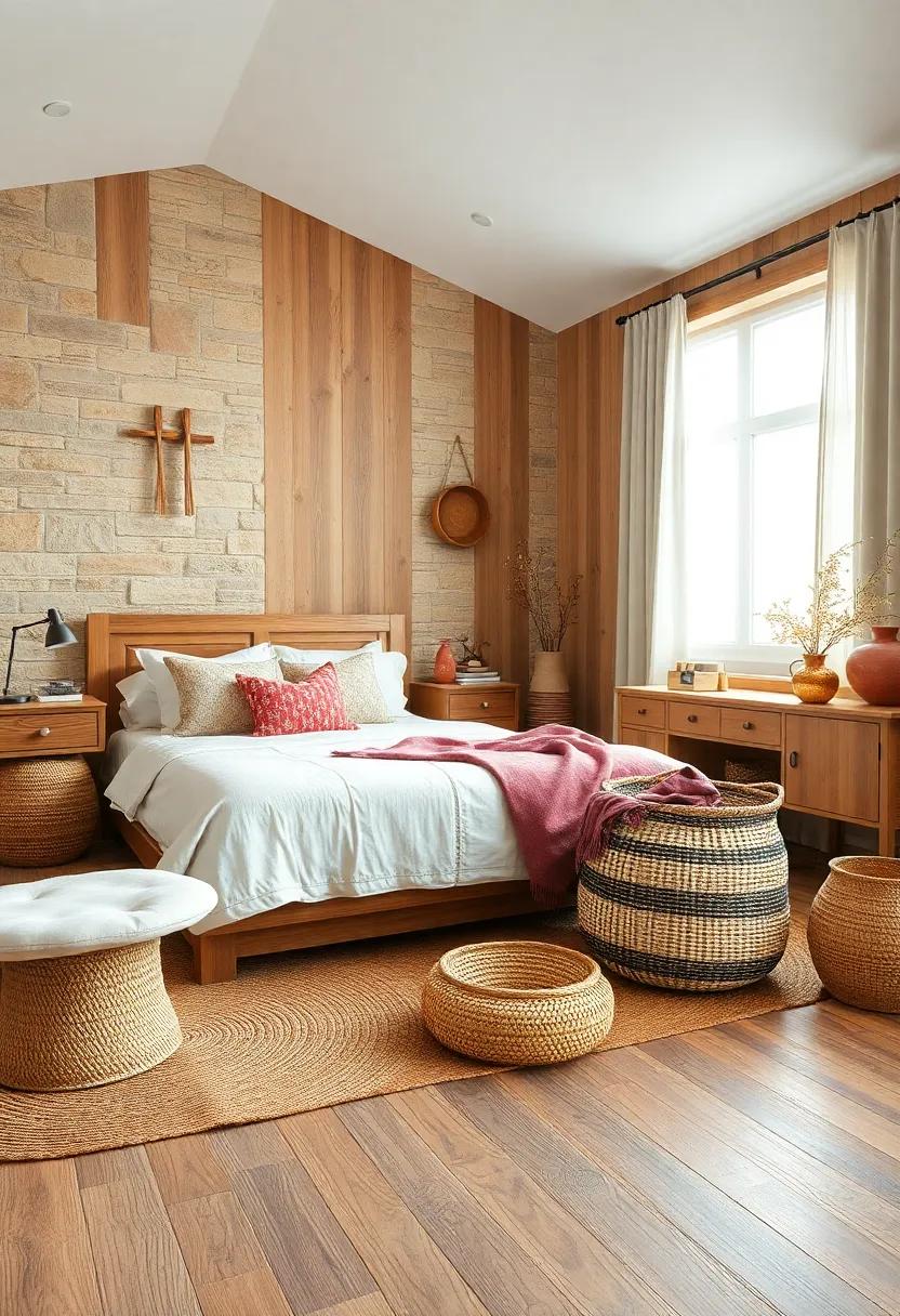 Woven Baskets and Natural Fiber Rugs Layered Over Distressed Wood Floors for Textural Contrast