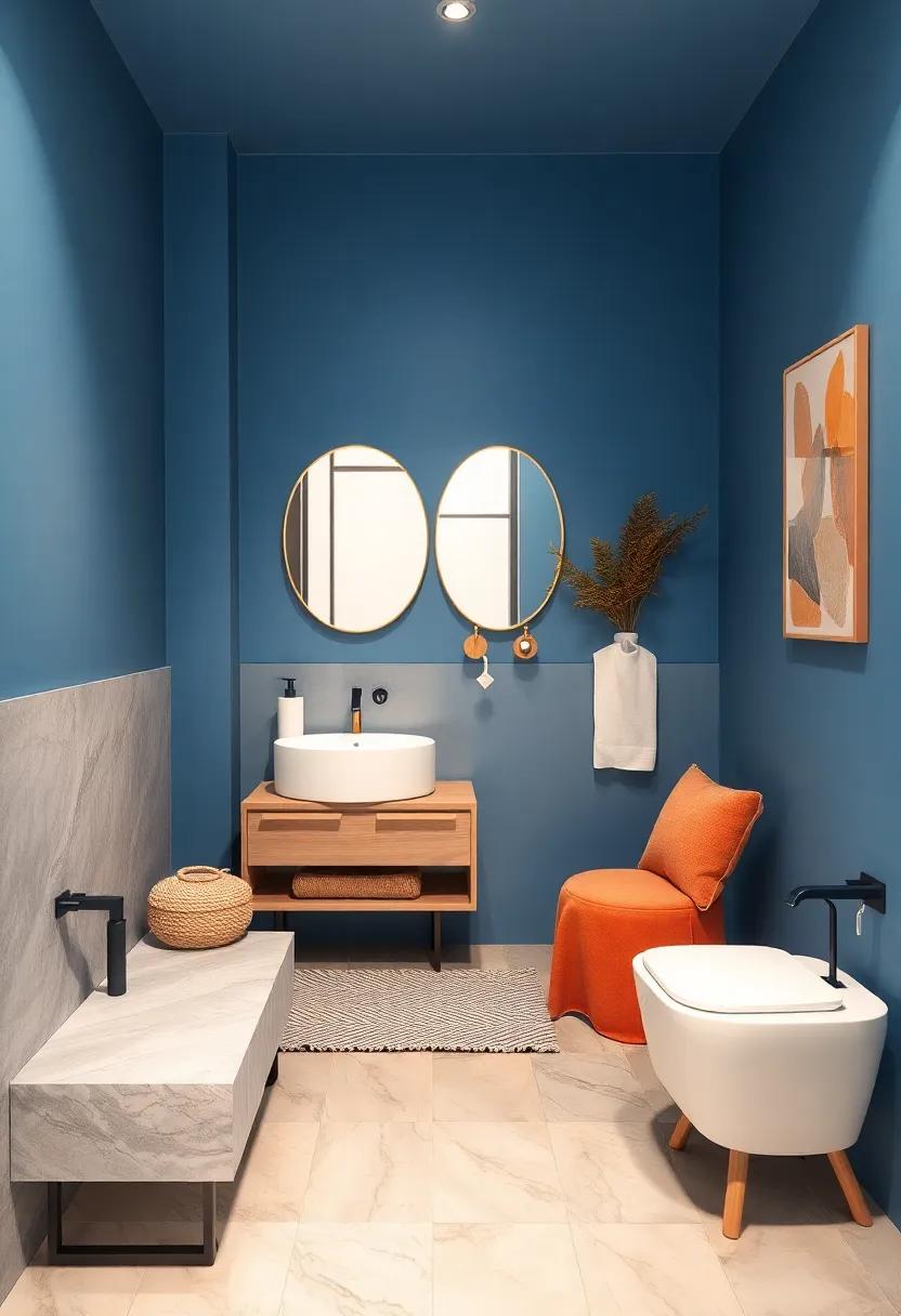 Blue Bathroom With Curved Mirrors And Soft Textured Fabrics To Create A Welcoming Retreat