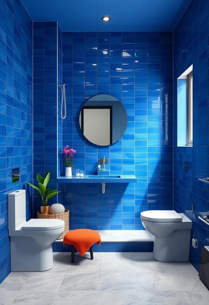 Chic Blue Bathroom Featuring Sleek Glossy Tiles And Minimalist Fixtures For A Spacious Feel