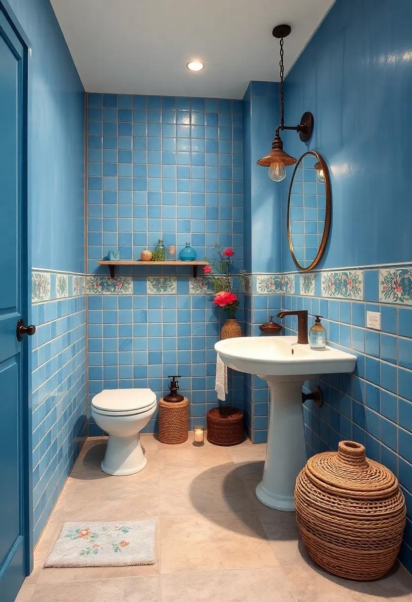 Chic Small Blue Bathroom Highlighting Hand-Painted Floral Tiles And Vintage Soft Lighting