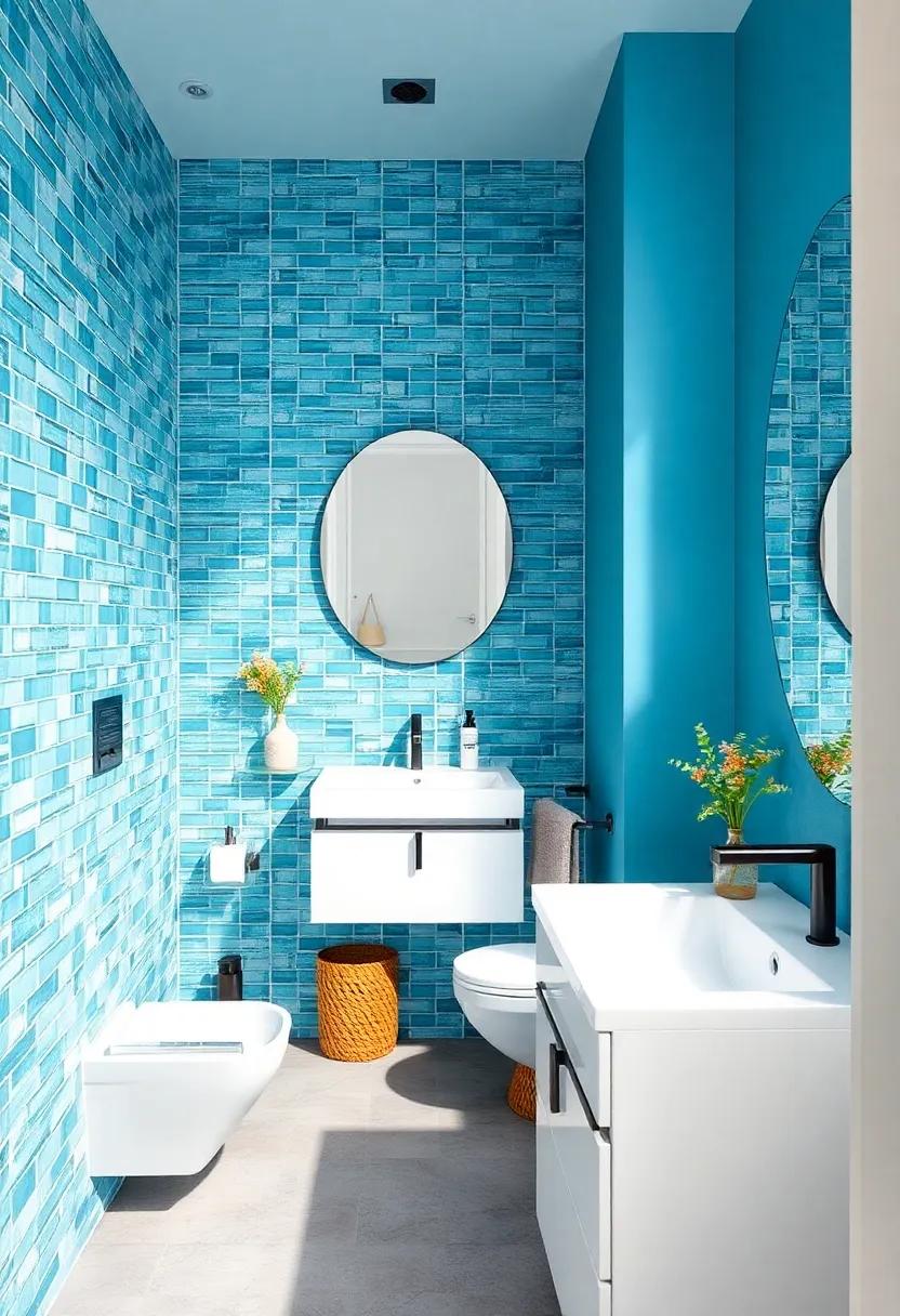 Compact Bathroom With Turquoise Blue Mosaic Tiles And Minimalist White Vanities For Artistic Flair