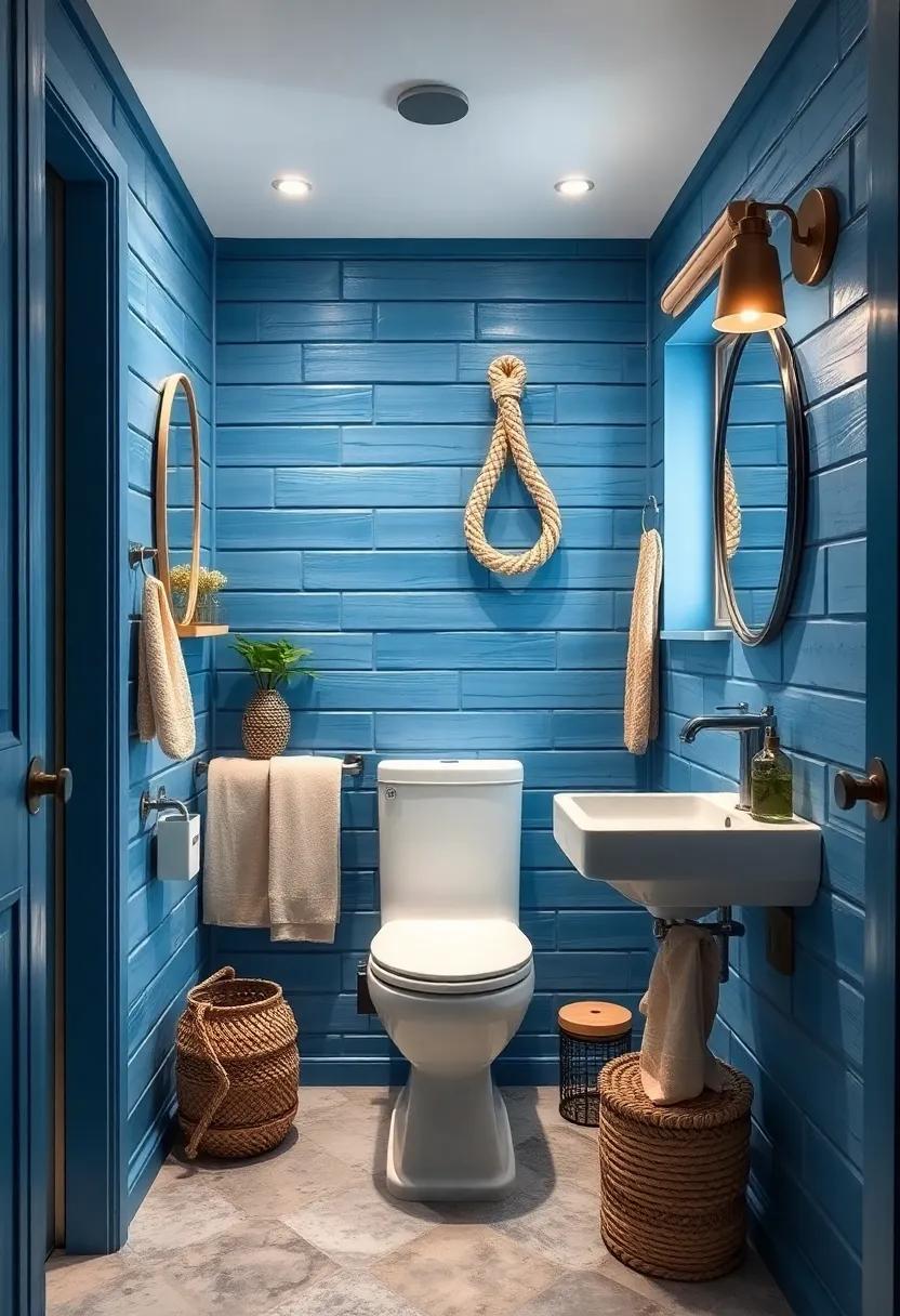 Nautical Blue Bathroom Decorated With Rope Details And Weathered Wood For Rustic Coastal Vibes