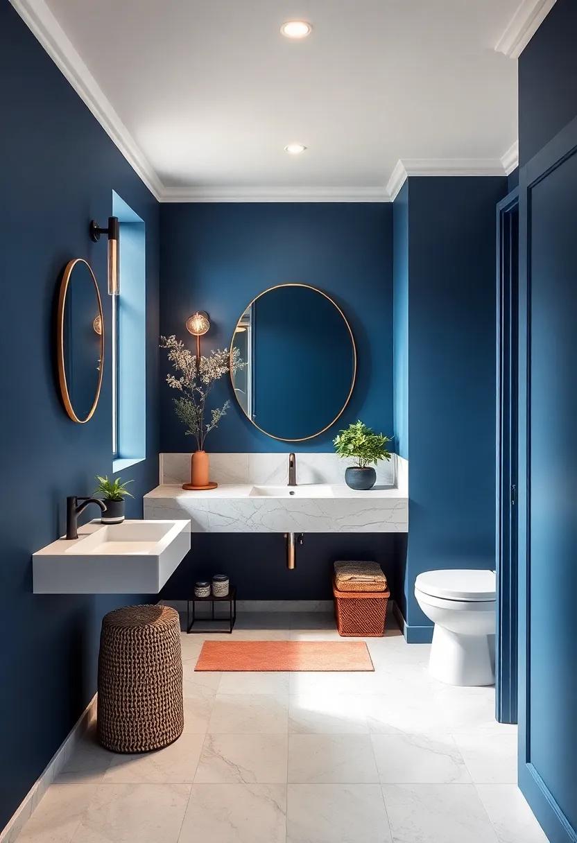 Small Bathroom With Rich Navy Walls And Contrasting White Marble Countertops For Elegant Charm