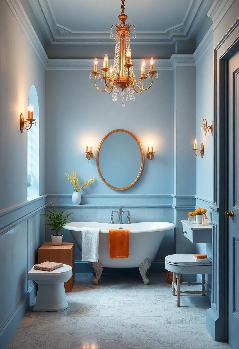 Soft Powder Blue Bathroom With Romantic Chandeliers And Classic Molding For Elegant Coziness