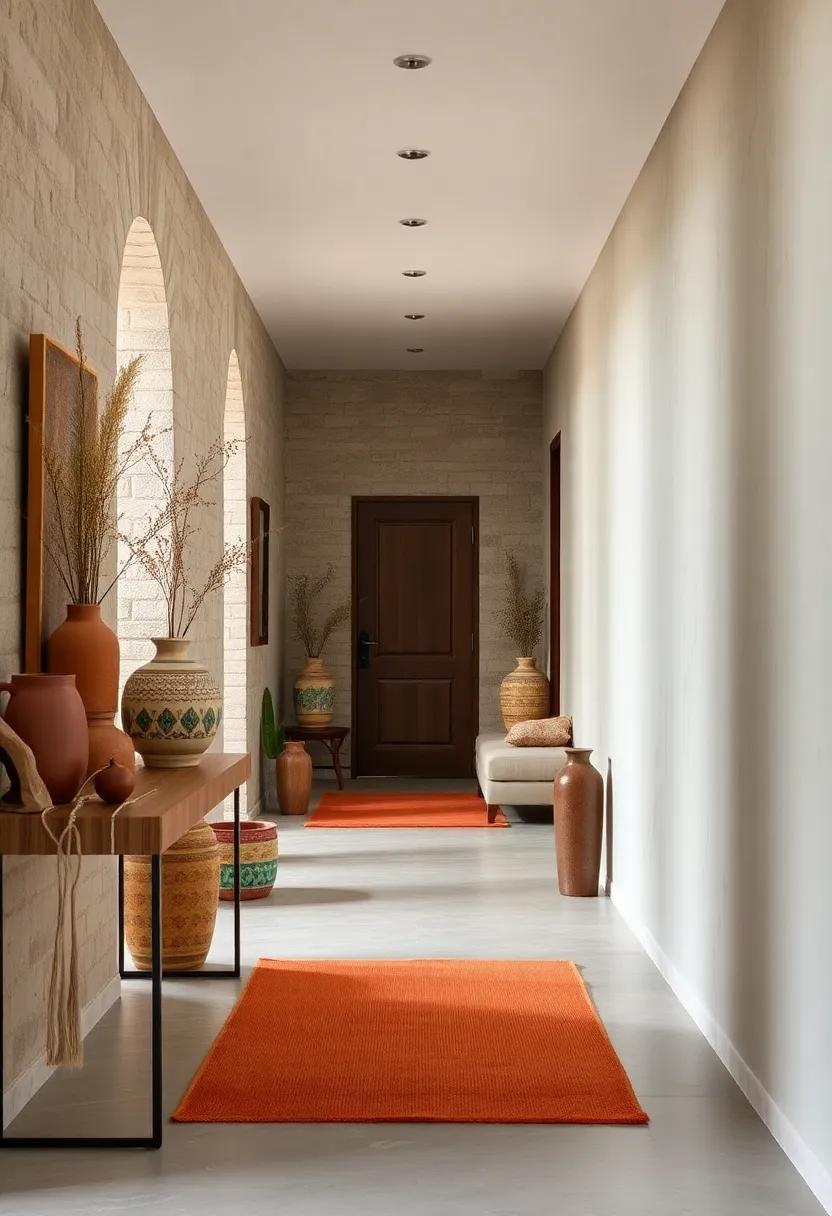 Artisan Ceramics and Sculptural Objects Positioned as Focal Points Along a Boho Chic Hallway