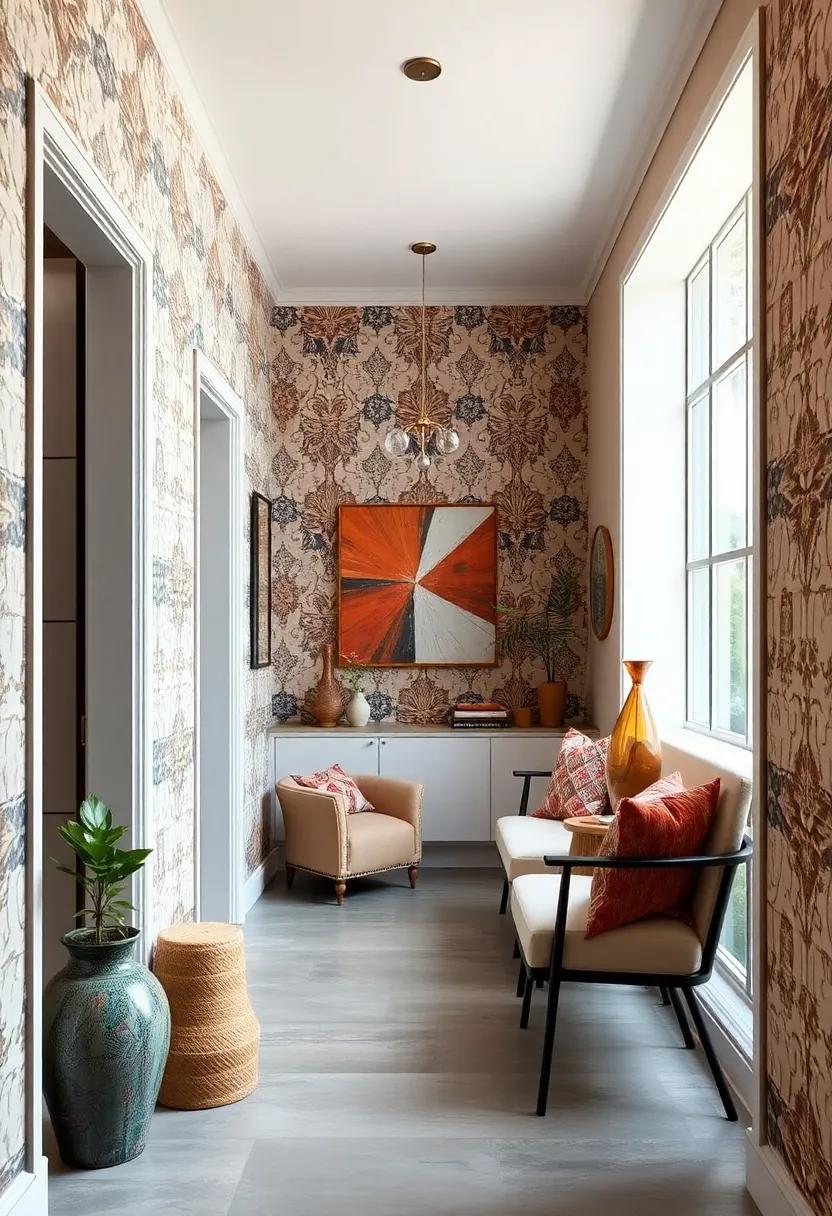 Bold Patterned Wallpaper Featuring Ethnic Prints Elevating the Hallway's Bohemian Style Palette