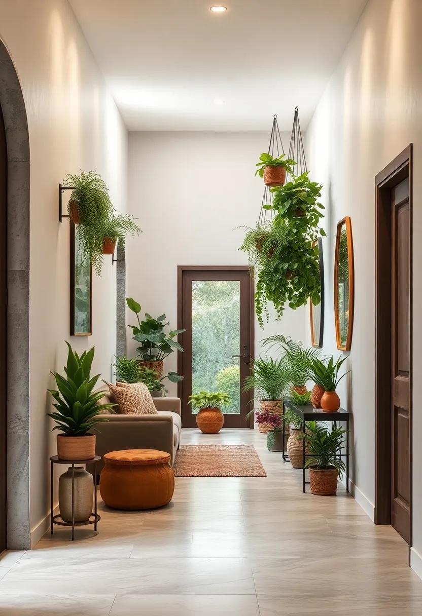 Curated Collection of Potted Plants and Hanging Greenery Creating an Inviting Vertical Garden Effect