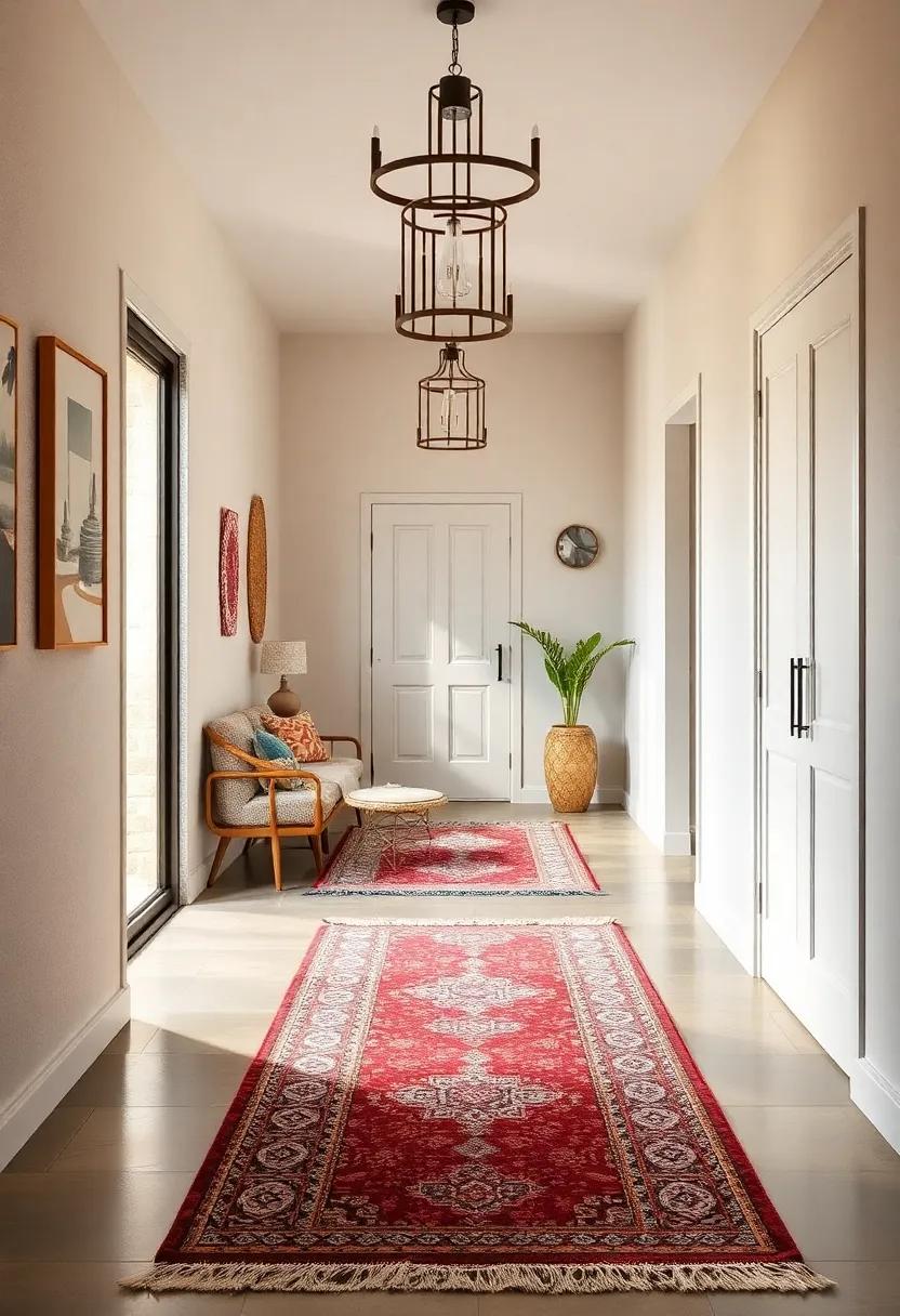 Eclectic Mix of Vintage and Handmade Rugs Bringing Warmth and Character to a Boho-Chic Hallway