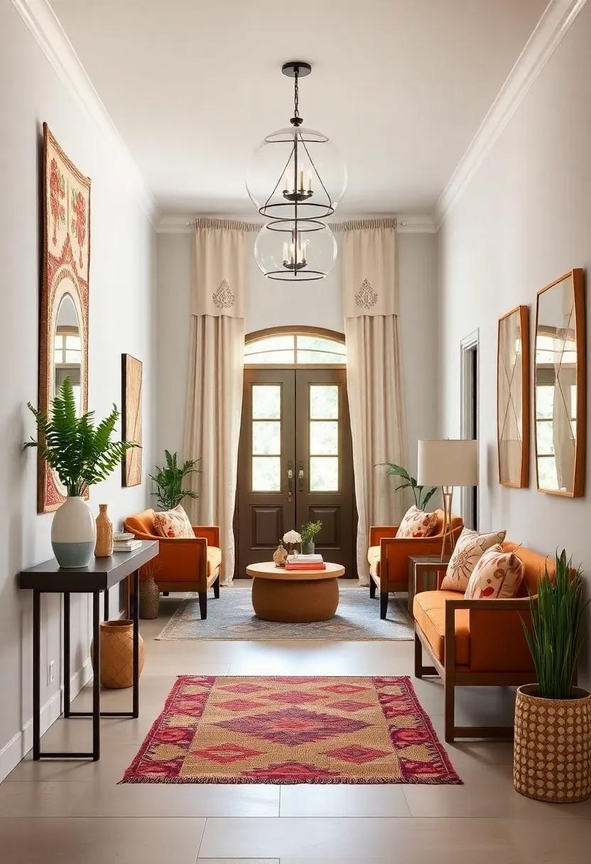 Embroidered Wall Tapestries with Earthy Hues Draped Gracefully to Soften Sharp Entryway Angles