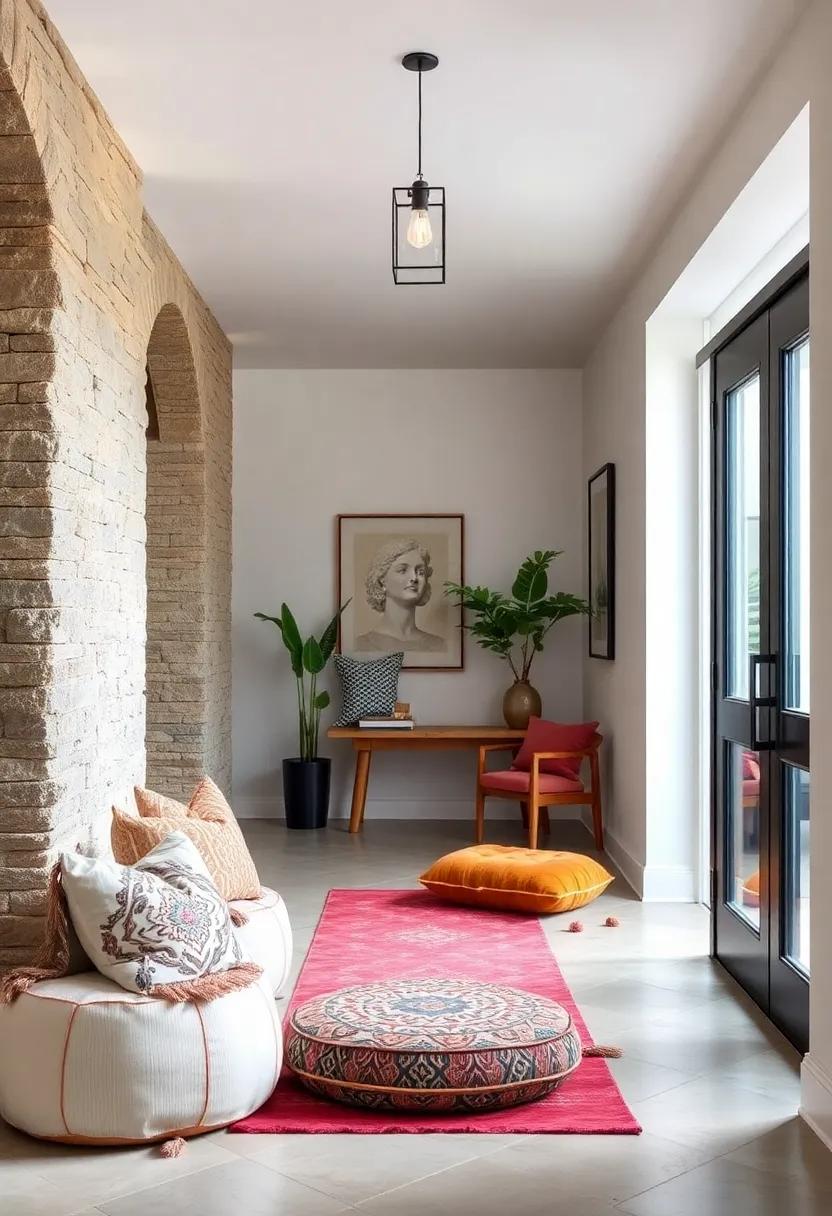 Intricately Designed Poufs and Floor Cushions Offering Cozy Nooks and Visual Depth in Entry Spaces