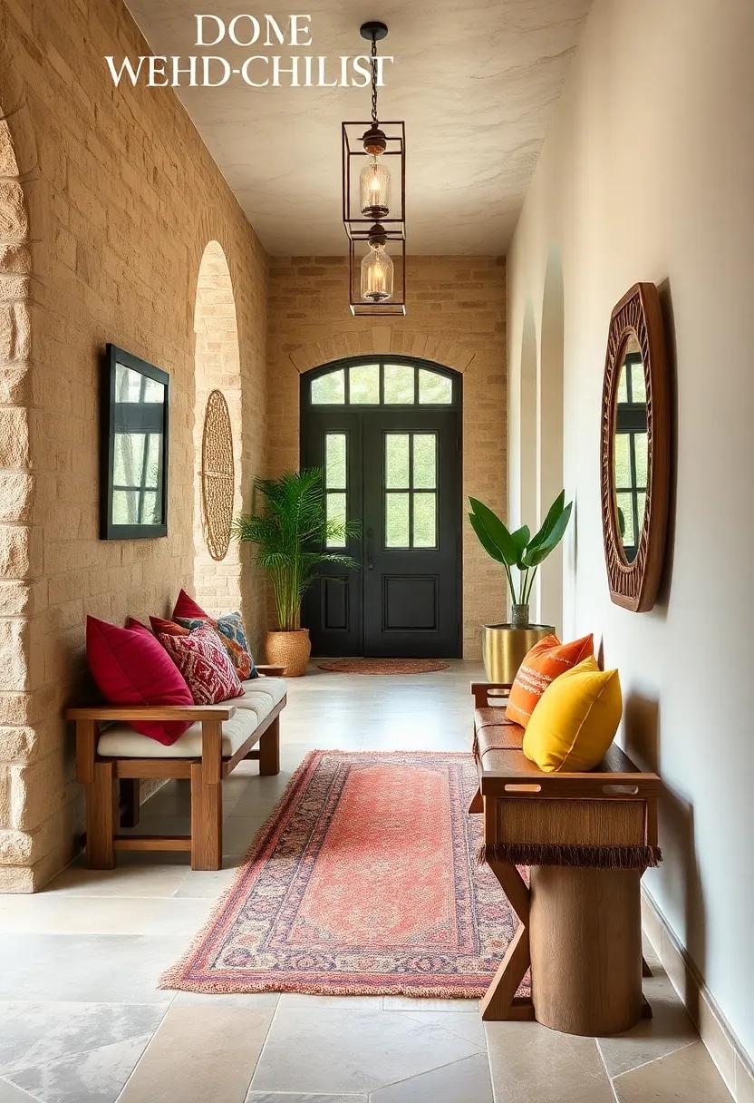Rustic Wooden Benches Paired with Colorful Cushions for Functional and Stylish Entryway Seating