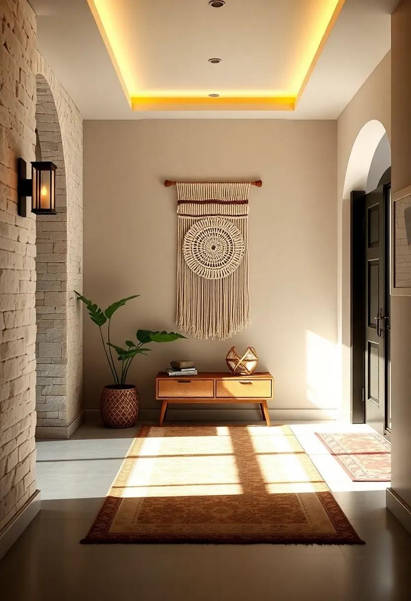 Soft Ambient Lighting Accents Highlighting Woven Wall Hangings and Macrame Art in Entryway Decor