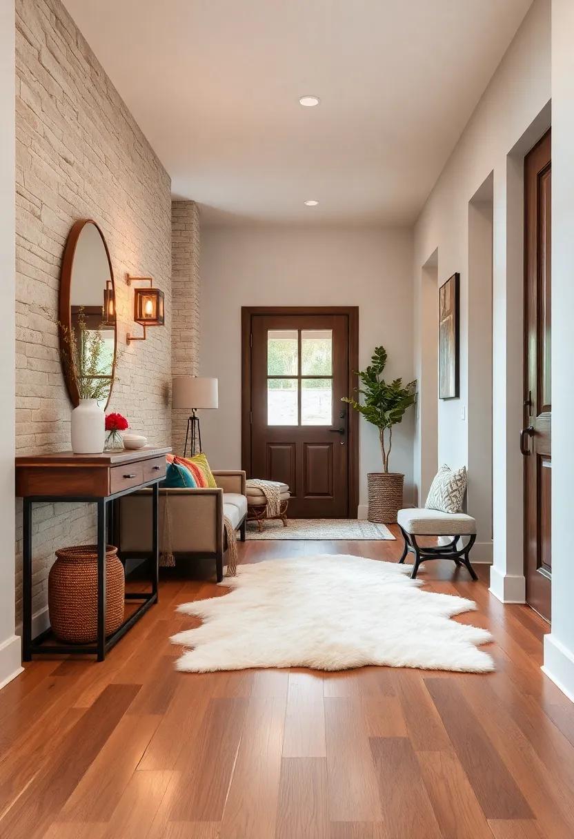 Soft Sheepskin Rugs Layered Over Hardwood Flooring Offering Luxurious Texture and Warmth at Entry