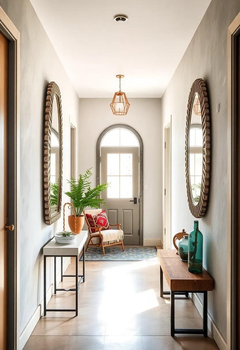 Statement Mirrors with Distressed Frames Reflecting Light and Enhancing a Bohemian Vibe in Hallways