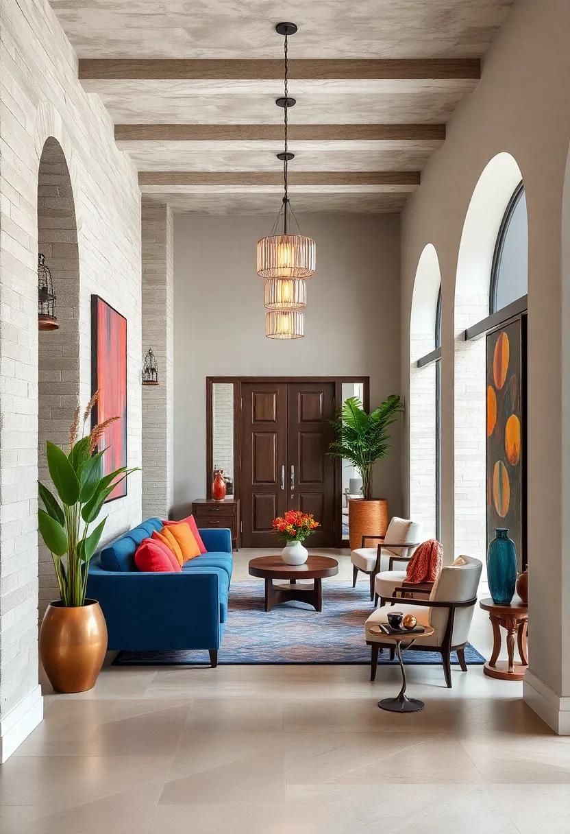 Bright Pendant Lights That Serve as Functional Art Pieces in a Vivid Entry Space