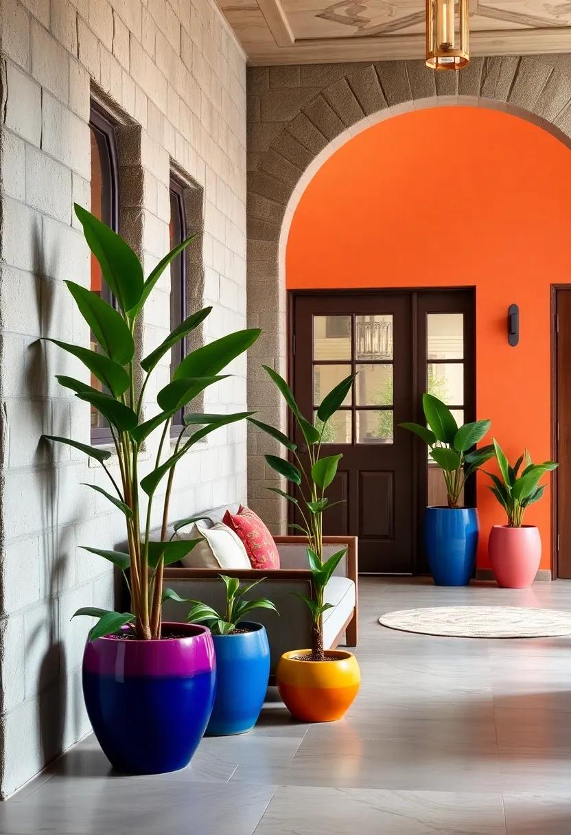 Harnessing Nature With Potted Plants in Colored Pots That Complement Your Entry Accents