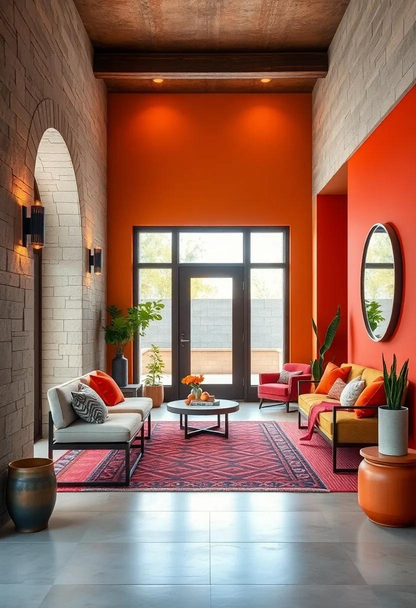 Layering Textiles in Complementary Colors Around Entrance Benches for Extra Warmth
