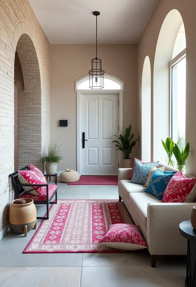 Playful Patterns Mixed With Bold Colors on Entryway Pillows or Cushions