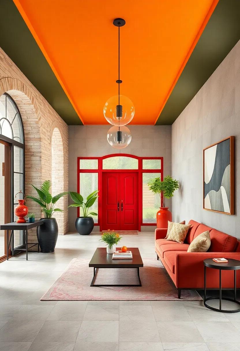 Vivid Ceiling Treatments That Draw the Eye Up and Frame the Entryway Dynamically