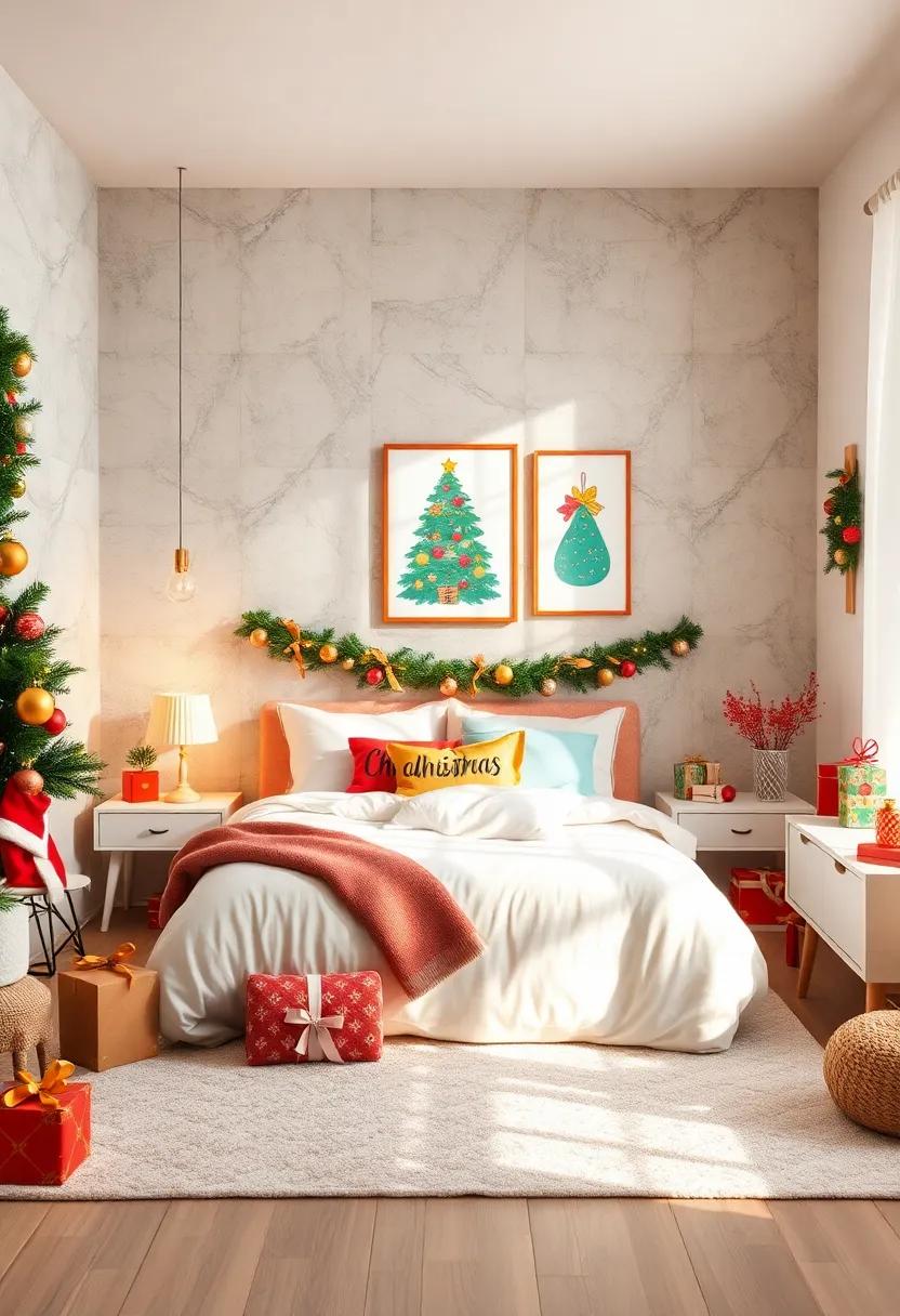 A Bright and Cheerful Bedroom Filled with Colorful Christmas Baubles and Festive Wall Art