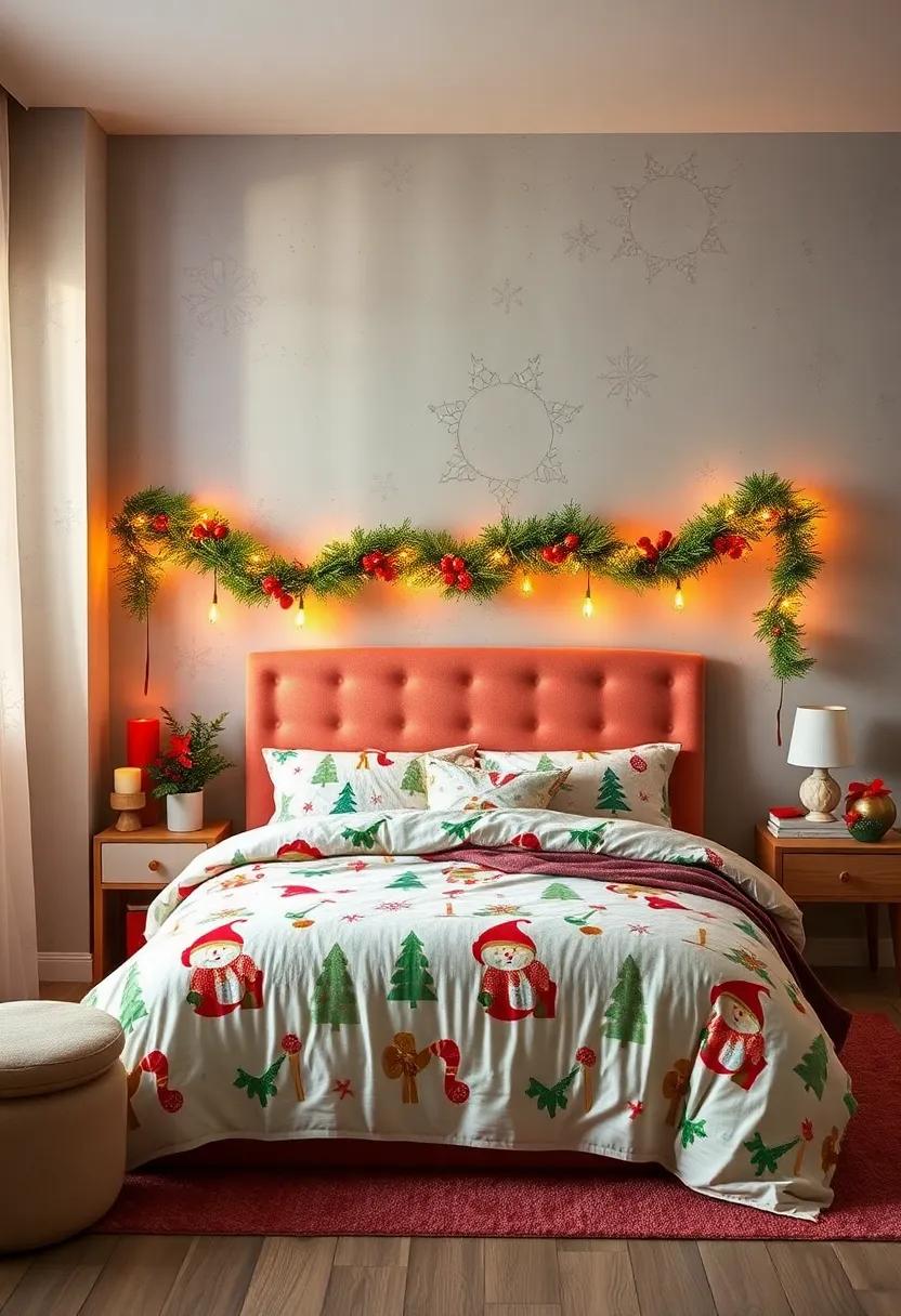 Bright and Colorful Christmas Garland Draped Over a Bed Headboard with Matching Themed Bedding