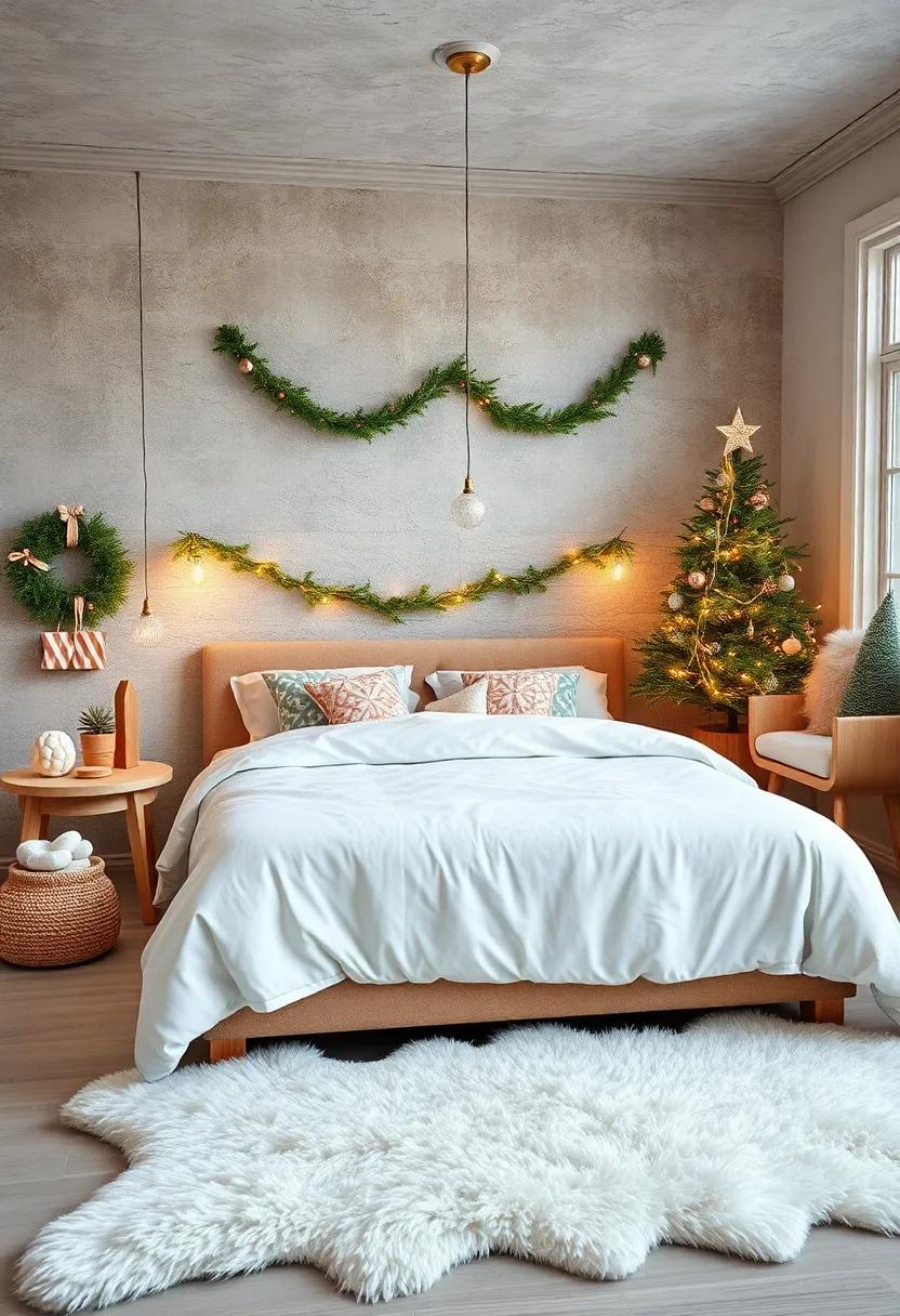 Charming Nordic Style Bedroom with Wooden Ornaments and Cozy White Faux Fur Rugs
